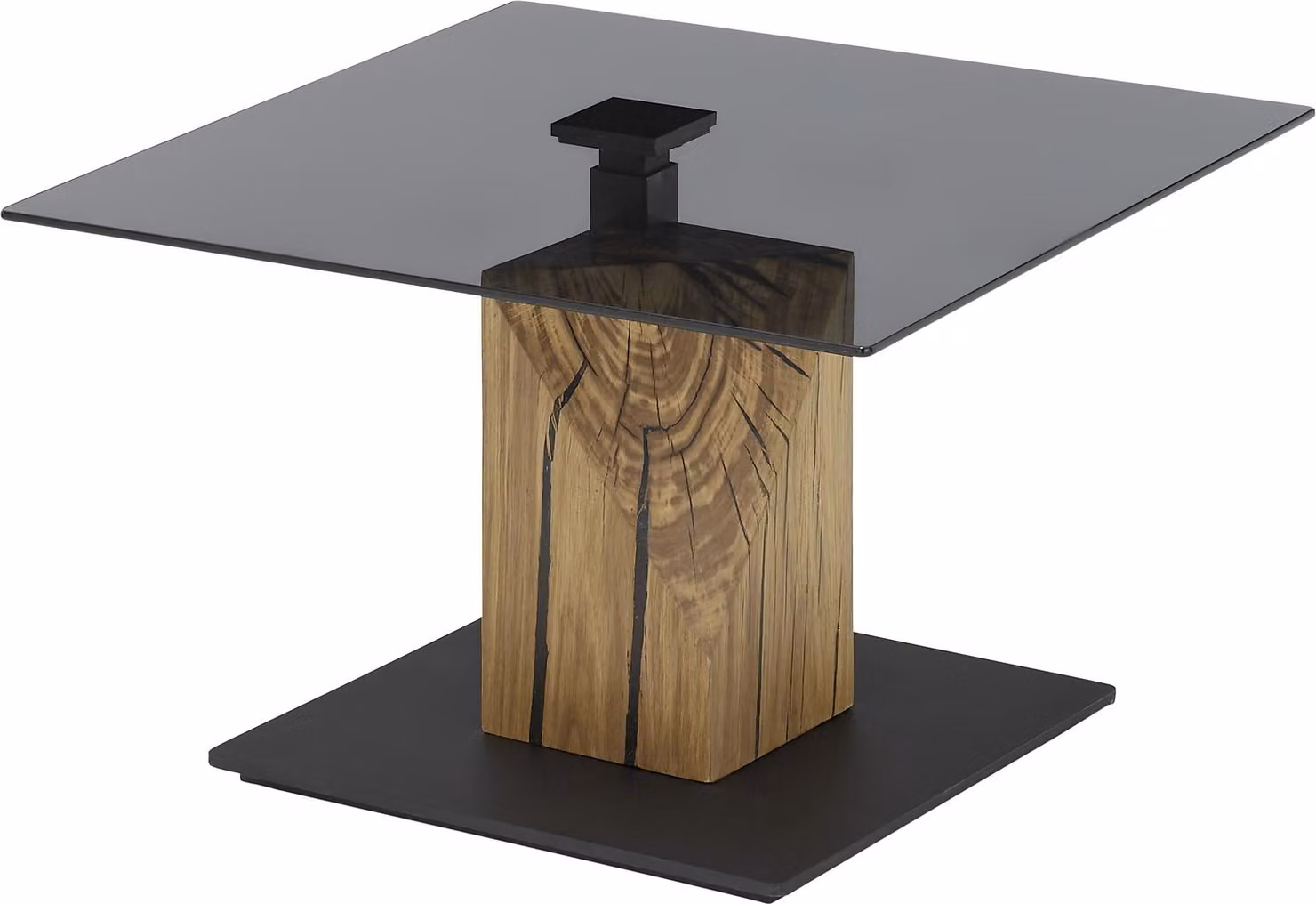Tavolino >BALSTA< regolabile in altezza, rotelle, rovere / nero / vetro - 70x45/63x70 (LxAxP)
