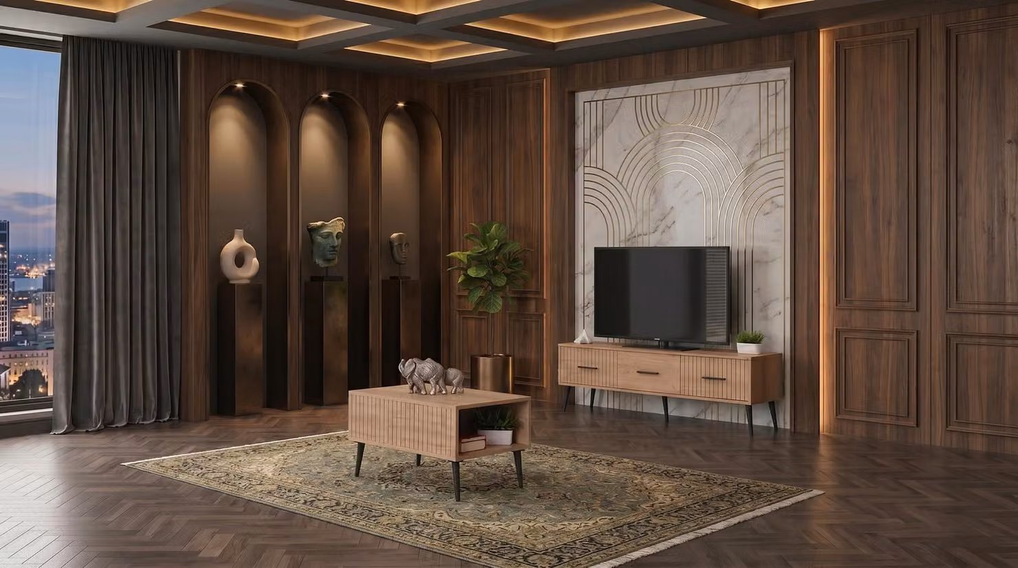 Set per soggiorno in tonalità marrone: mobile TV elegante, tavolino, mobili per la TV, supporto per TV