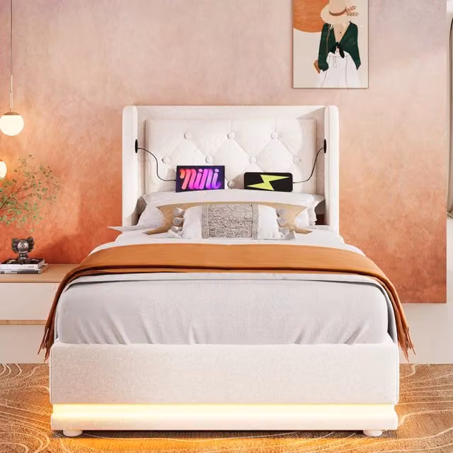 Letto singolo 90x200 cm imbottito beige in cotone con contenitore idraulico; LED e USB Tipo-C