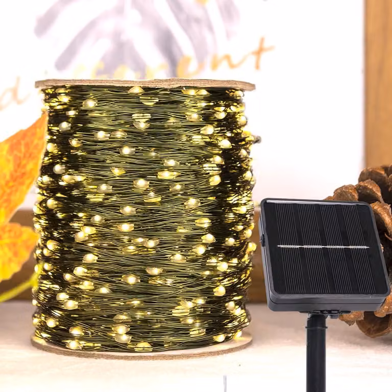 Catena luminosa solare, 12 metri, 240 LED, luce bianca calda, 8 modalità