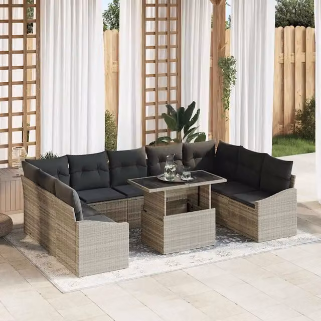 Set Divano da Giardino vidaXL a forma a U composto da 10 pezzi con tavolino, colore grigio, struttura in metallo e cuscini rimovibili – 1
