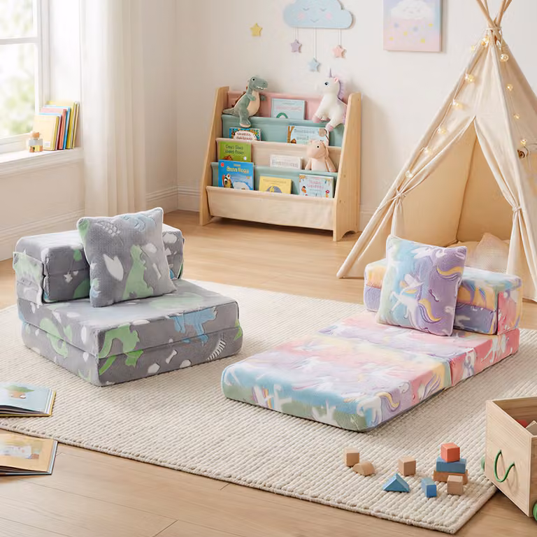 Divano letto 3-in-1 Costway per bambini con coperture lavabili e cuscino extra, Multicolore