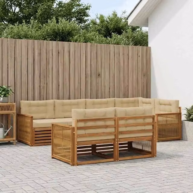 Set di divani da esterno vidaXL a forma di L composto da 7 pezzi in legno di acacia con cuscini beige per giardino e terrazza – 1