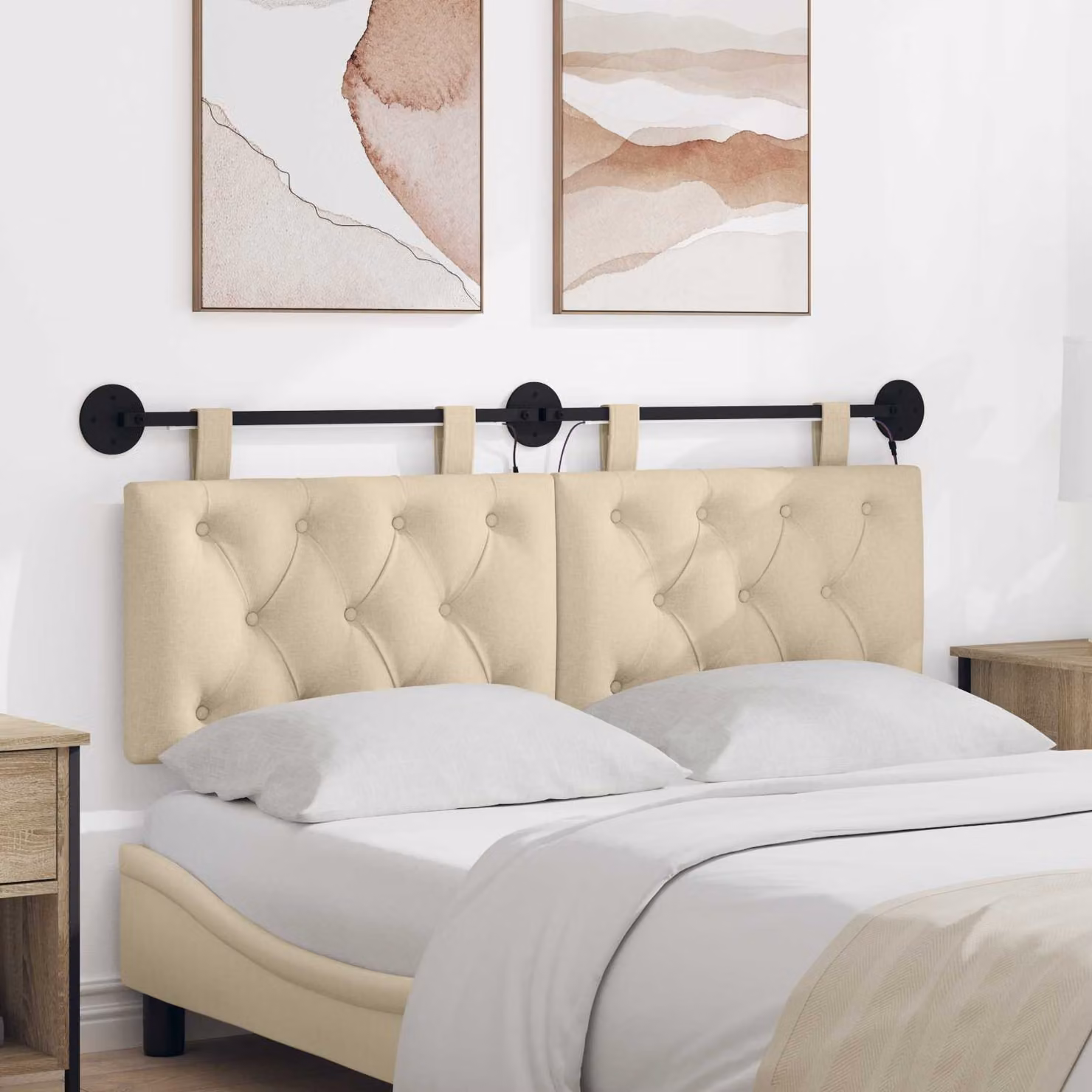 Testiera sospesa vidaXL con luce LED integrata in tessuto beige, L 150 x H 55 x P 7 cm