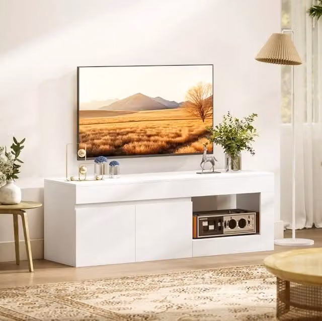 Mobile TV bianco moderno con 2 ante, vano aperto, per TV fino a 60 pollici, 140 x 40 x 48 cm