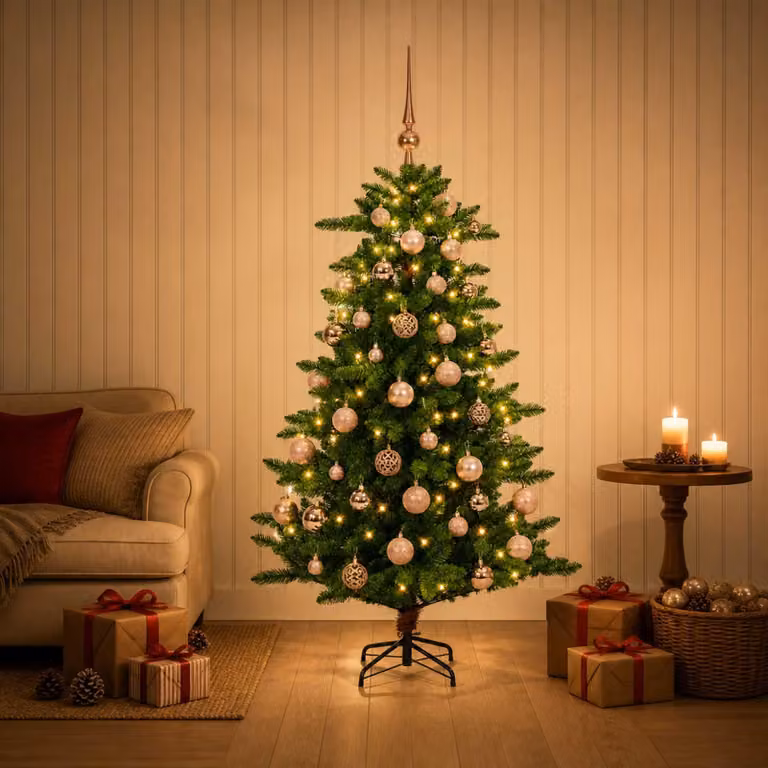 Albero di Natale artificiale con decorazioni a sfera, altezza 120 cm, 150 luci LED