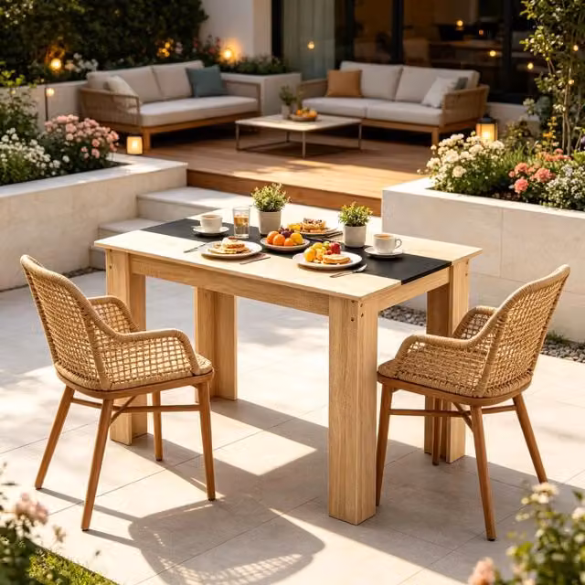 Tavolo da pranzo moderno OKWISH in legno e MDF, piano rettangolare nero e rovere, L: 120 cm, P: 69 cm, H: 75 cm