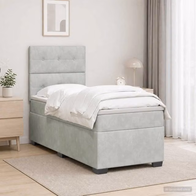 Letto box spring con materasso vidaXL in tessuto grigio chiaro con base a sollevamento, illuminazione sottostante e porta USB, L/P/H: 100 x 200 x 140,5 cm