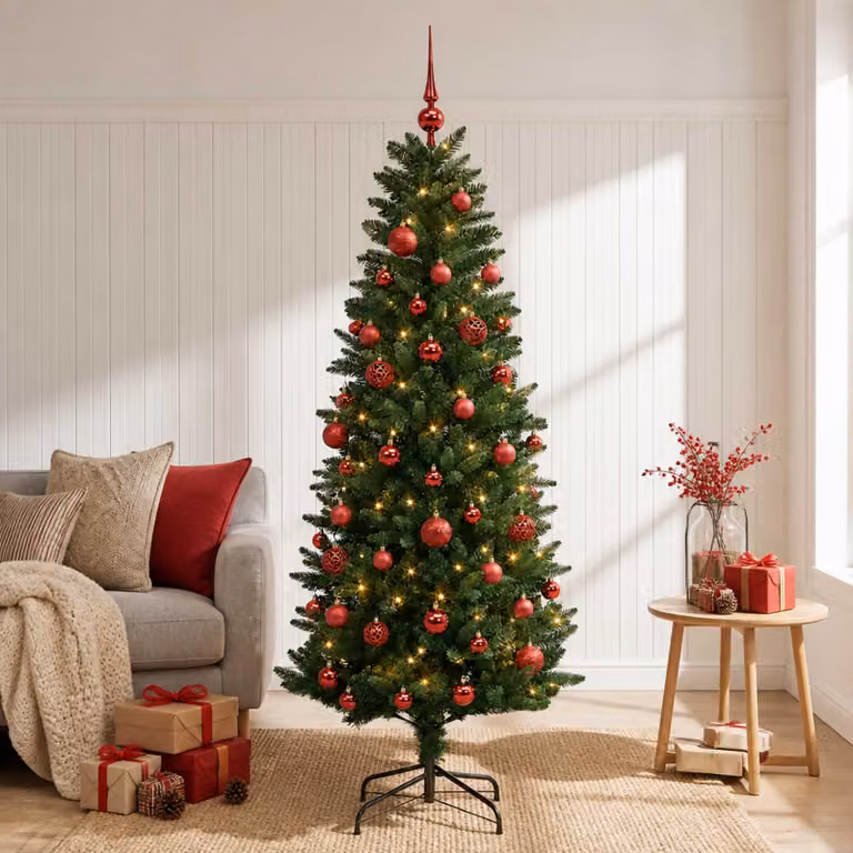 Albero di Natale Artificiale Moderno vidaXL Verde con 150 LED Warm White e Palline, Altezza: 120 cm