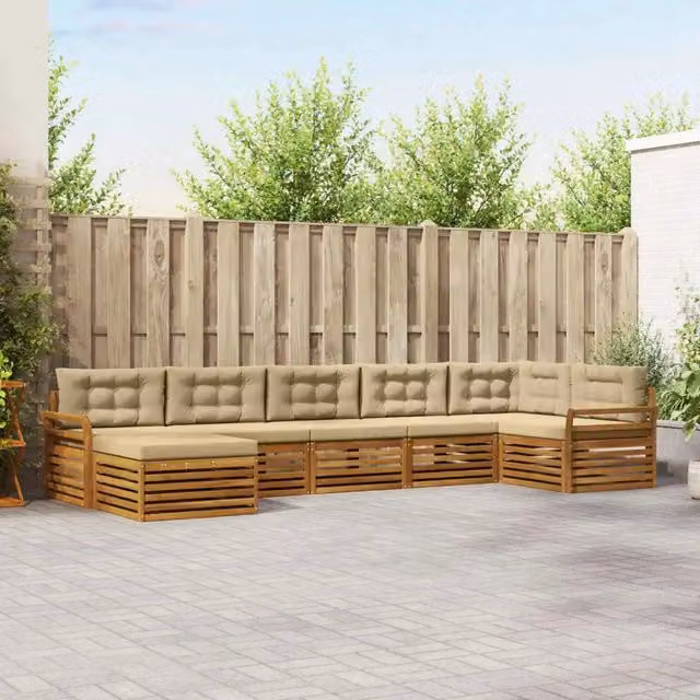 Set di divani da esterno a L con ottoman vidaXL in legno di acacia, colore beige e sabbia, composto da 7 pezzi con cuscini inclusi – 1