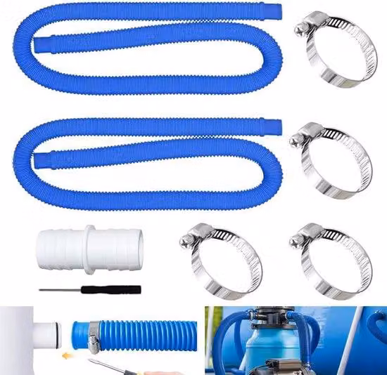 Supporti per paperelle da piscina - 32 mm, 2 pezzi, con 4 morsetti metallici, per diverse pompe (blu)