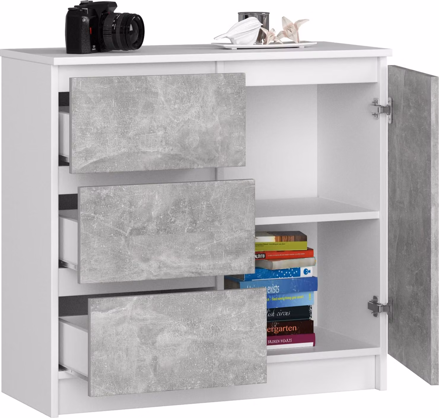 BDW, cassettiera, 3 cassetti, 1 anta, armadio, credenza, bianco / cemento