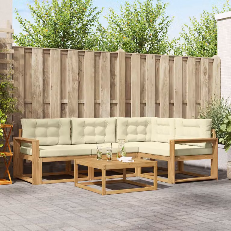 Set di divani da esterno vidaXL a forma di L con tavolo da caffè, composto da 5 pezzi in legno di acacia e tessuto resistente ai raggi UV, colori bianco, beige e marrone