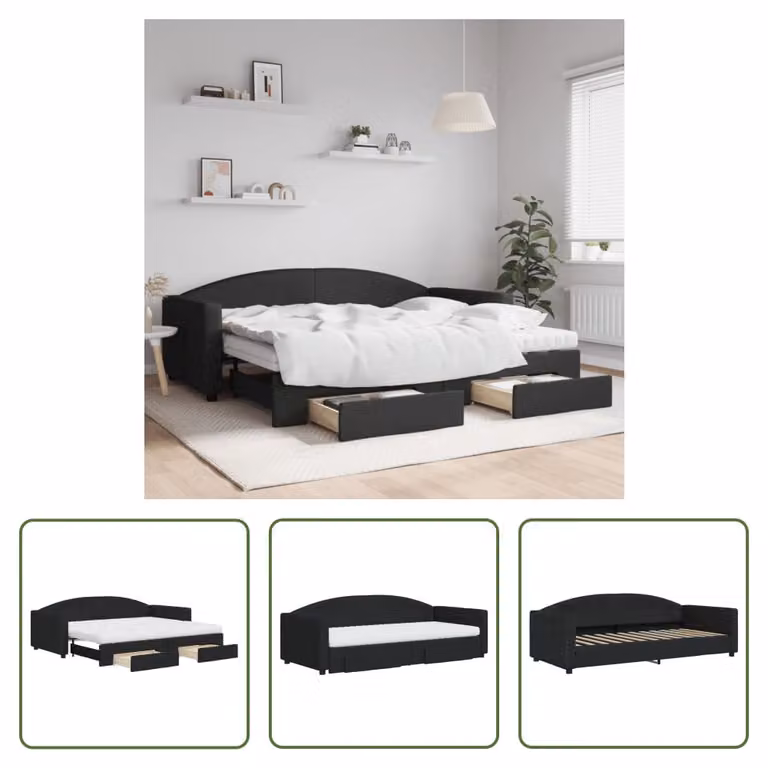 The Living Store Letto allungabile con cassetti nero 90x200 cm tessuto