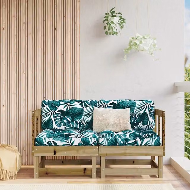 Divano Angolare a L vidaXL in Legno di Pino con Cuscini e Rivestimento Floreale Verde per Giardino e Terrazzo – 1