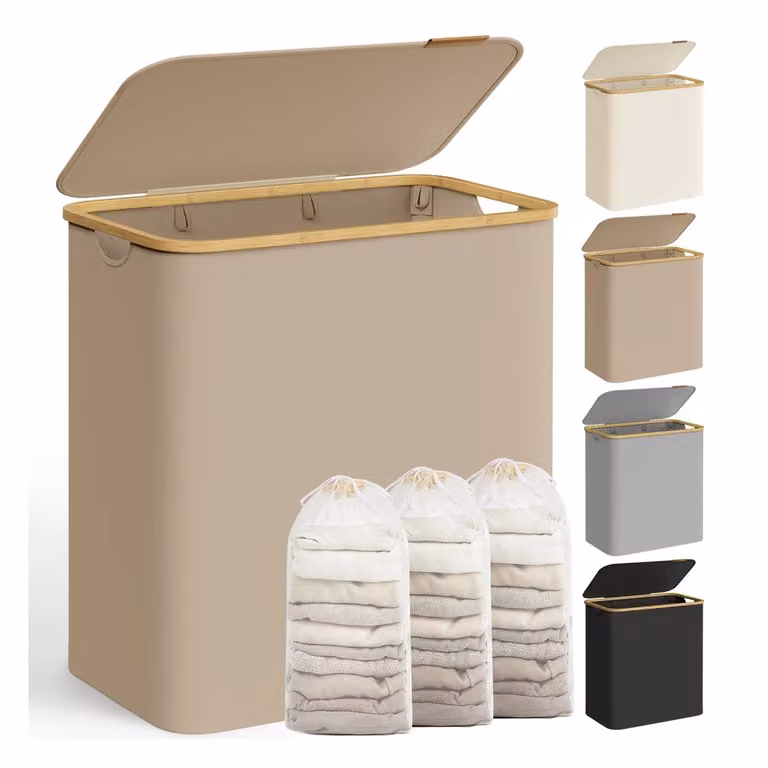 Cesto Portabiancheria con Coperchio, Marrone Cammello / 150L (3 Scomparti)