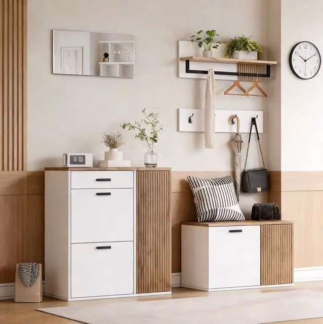 Set di mobili ingresso 5 pezzi con armadietti porta scarpe, panca, specchio e appendiabiti con 4 ganci, bianco e legno