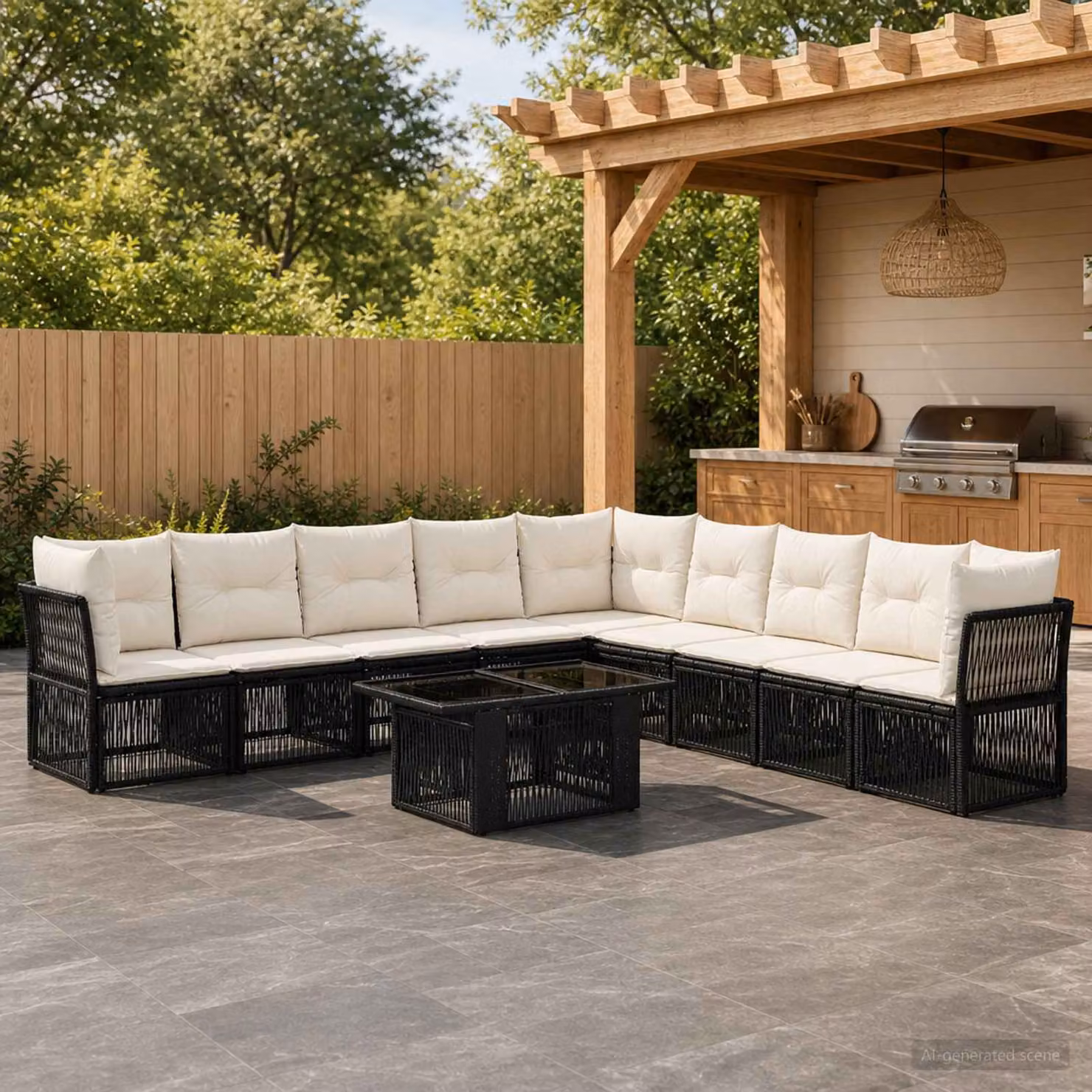 Set Divano da Giardino vidaXL 10 Pezzi Nero in Polyrattan con Cuscini e Tavolino da Esterno