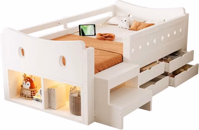 Letto singolo per bambini Chicfurn in legno bianco con 4 cassetti, ripiani, illuminazione LED e porte USB e Type-C, L/P/H: 90 x 200 cm