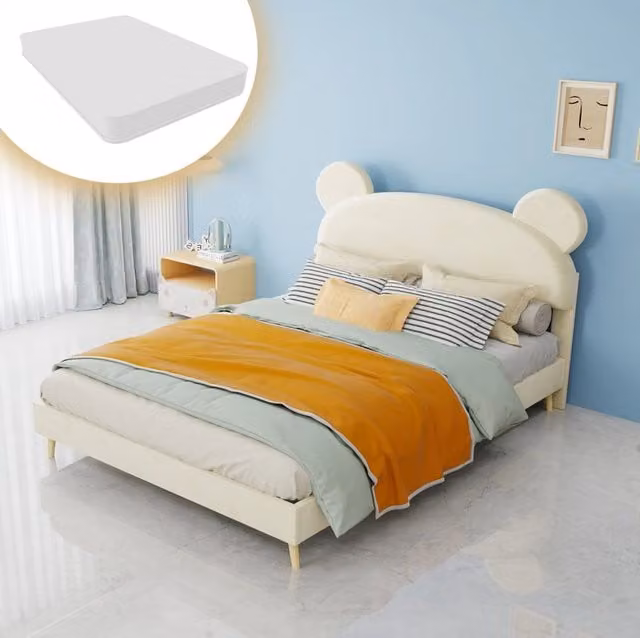 Letto bambini 140x200 cm con testiera con orecchie d'orso e materasso a molle insacchettate; beige