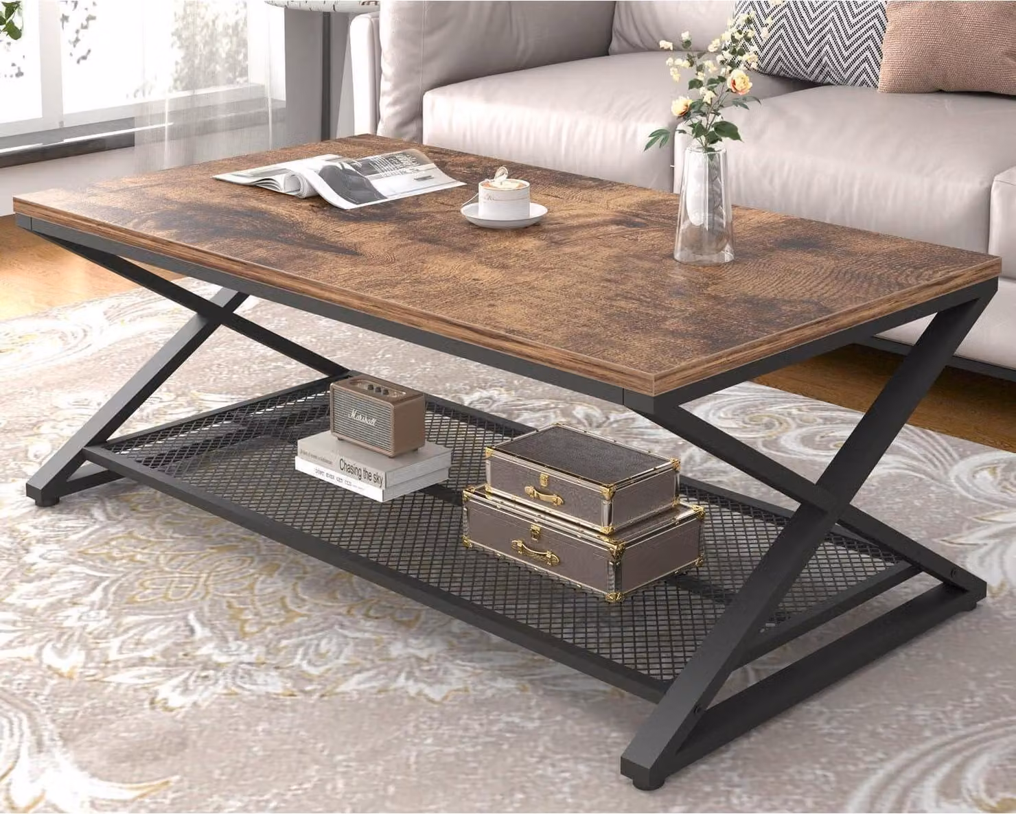Tavolino rustico con ripiano in rete 2 ripiani legno metallo 119,4 cm