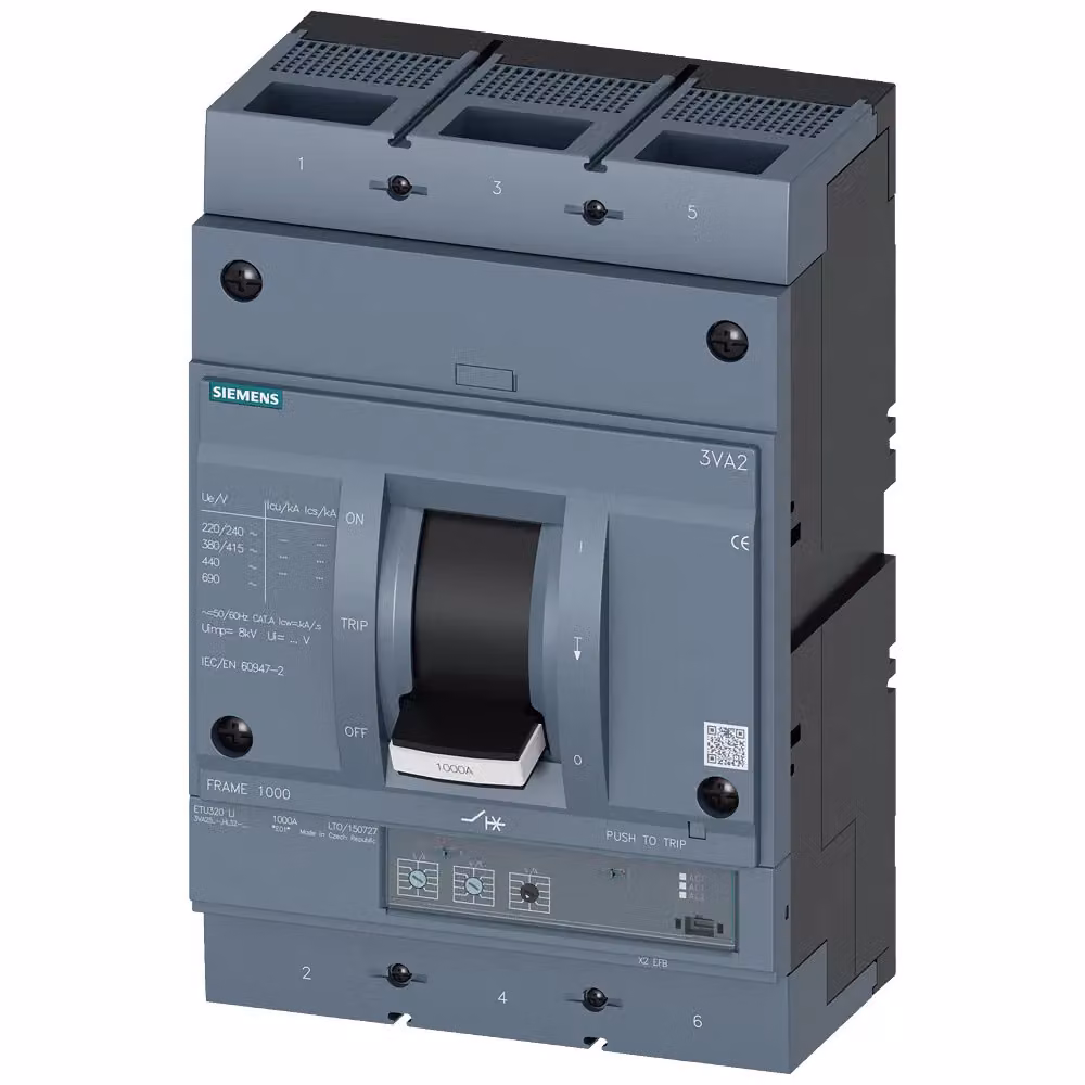 Interruttore di potenza Siemens 3VA2, telaio IEC 1000, classe di capacità di interruzione H, Icu=85 kA a 415 V, 3VA25806HL320AA0
