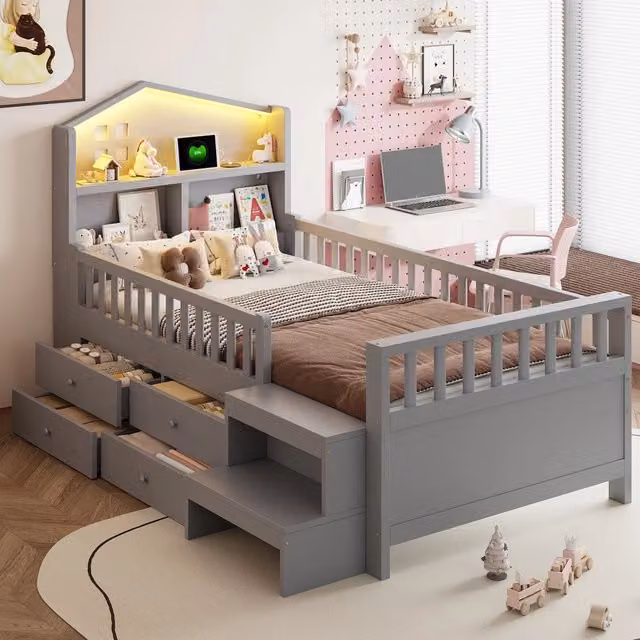 Letto per bambini singolo 90 × 200 cm con 4 cassetti, scale, LED, USB e porta tipo C, senza materasso, grigio