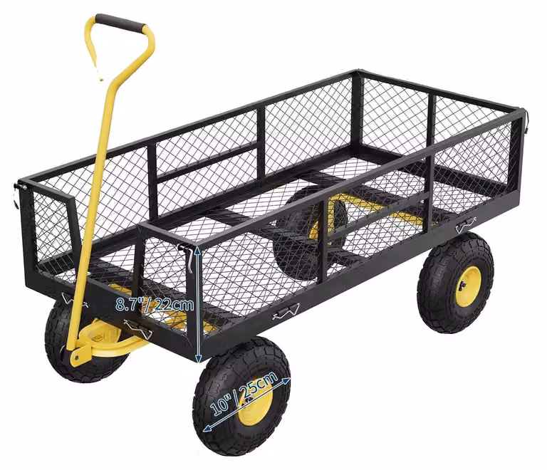 Carrello da giardino, struttura robusta, maniglia regolabile a 180°, colore nero