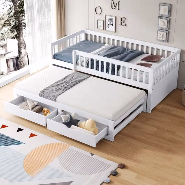 Letto multifunzione 90x200 cm con letto estraibile; 2 cassetti e rete a doghe; bianco