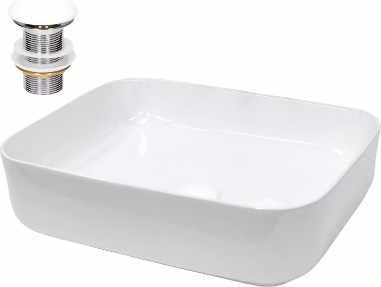 LuxeBath Lavabo da appoggio Square, 50,5x39,5x13,5 cm, bianco, in Vetroceramica, incl. set di scarico senza troppopieno