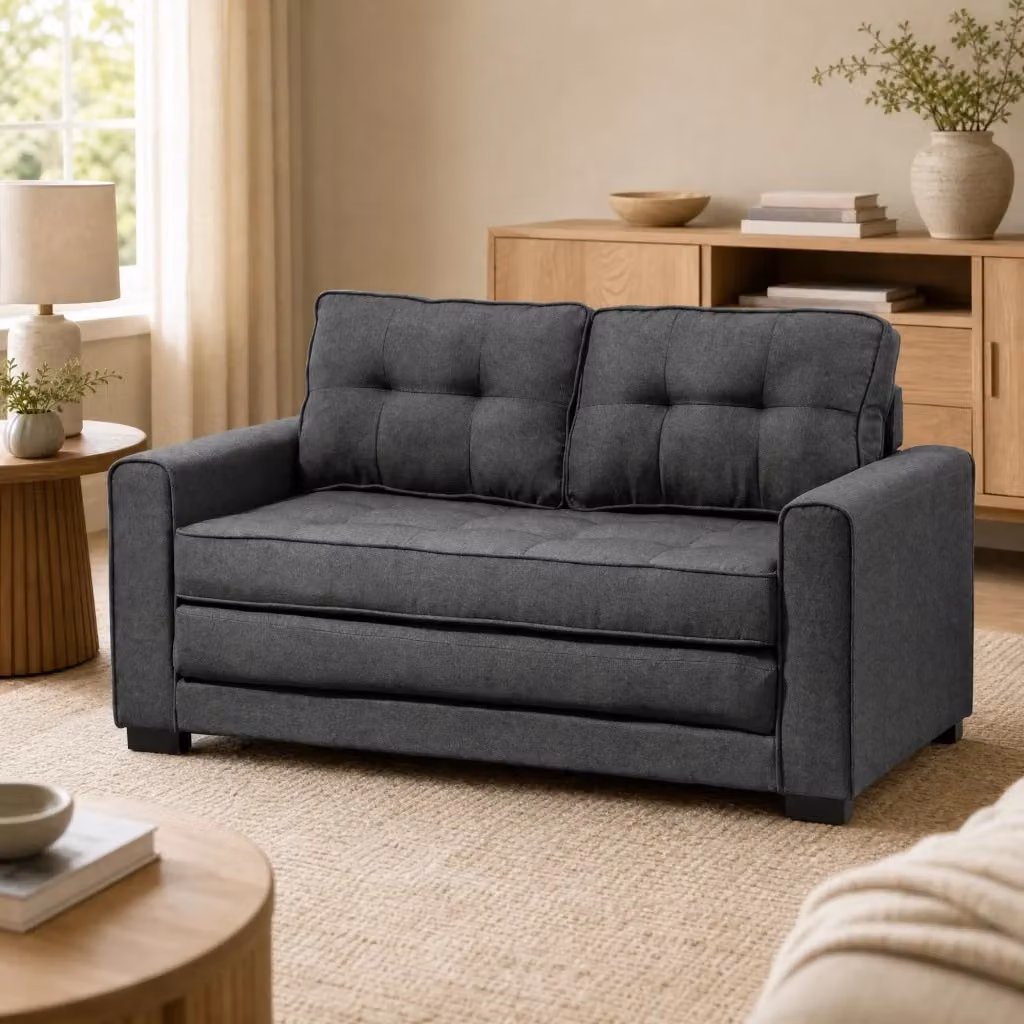 Divano letto a 2 posti MIVRAY in tessuto grigio con struttura in legno e meccanismo click-clack per soggiorno o camera da letto L: 147,5 cm, P: 85 cm, H: 75 cm – 2
