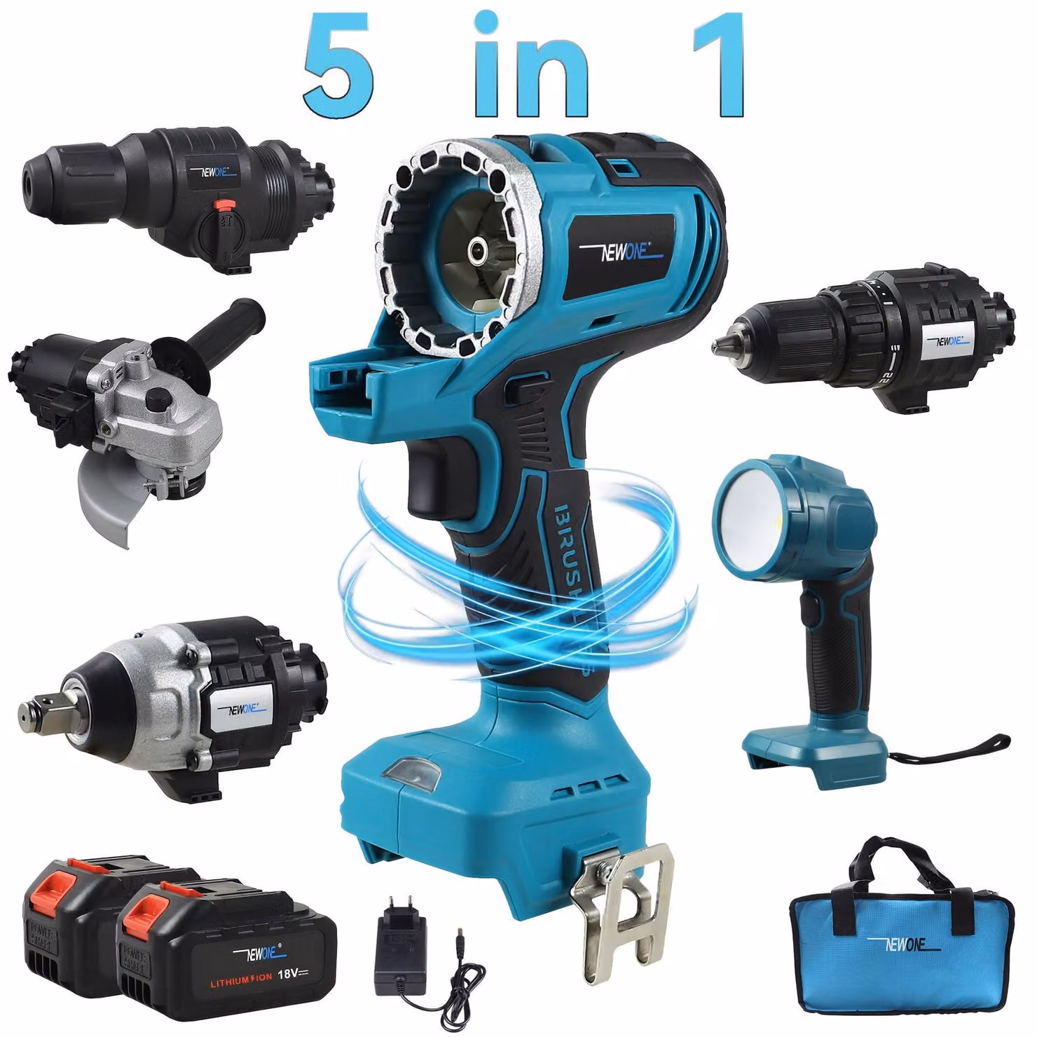 Set di utensili multifunzione a batteria da 18V, 5-in-1: trapano avvitatore, avvitatore a impulsi, smerigliatrice angolare, chiave a bussola
