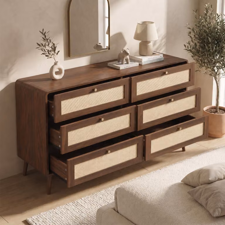 Comodino Flieks con 6 cassetti, mobiletto laterale in rattan, mobiletto da soggiorno con cassetti e angoli arrotondati, dimensioni 120x40x80 cm, noce