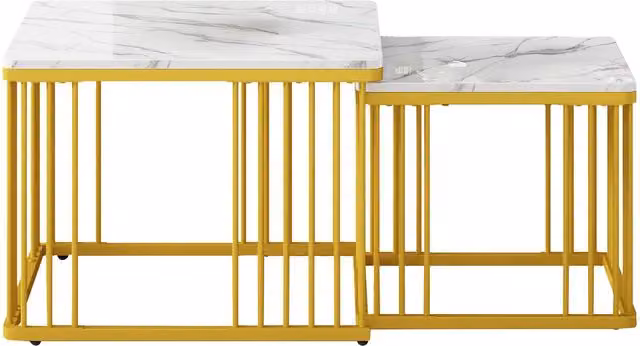 Set di 2 tavolini da salotto quadrati moderni in MDF laminato lucido, colore bianco e oro, con piedini regolabili in altezza, L/P/H: 60 x 60 x 45 cm e 45 x 45 x 40 cm – 1