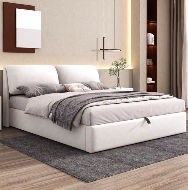 Letto imbottito 180x200 cm beige in velluto con 3 cassetti e contenitore, senza materasso
