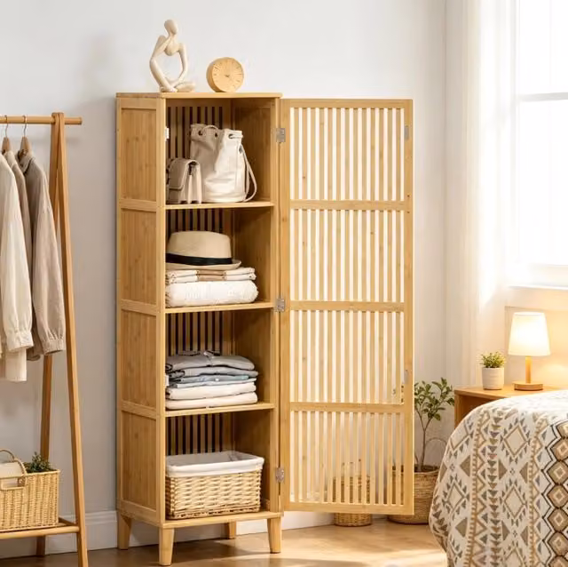 Mobile alto ULEVR in bamb¨´ naturale 40x30x140 cm con anta a lamelle e 4 ripiani