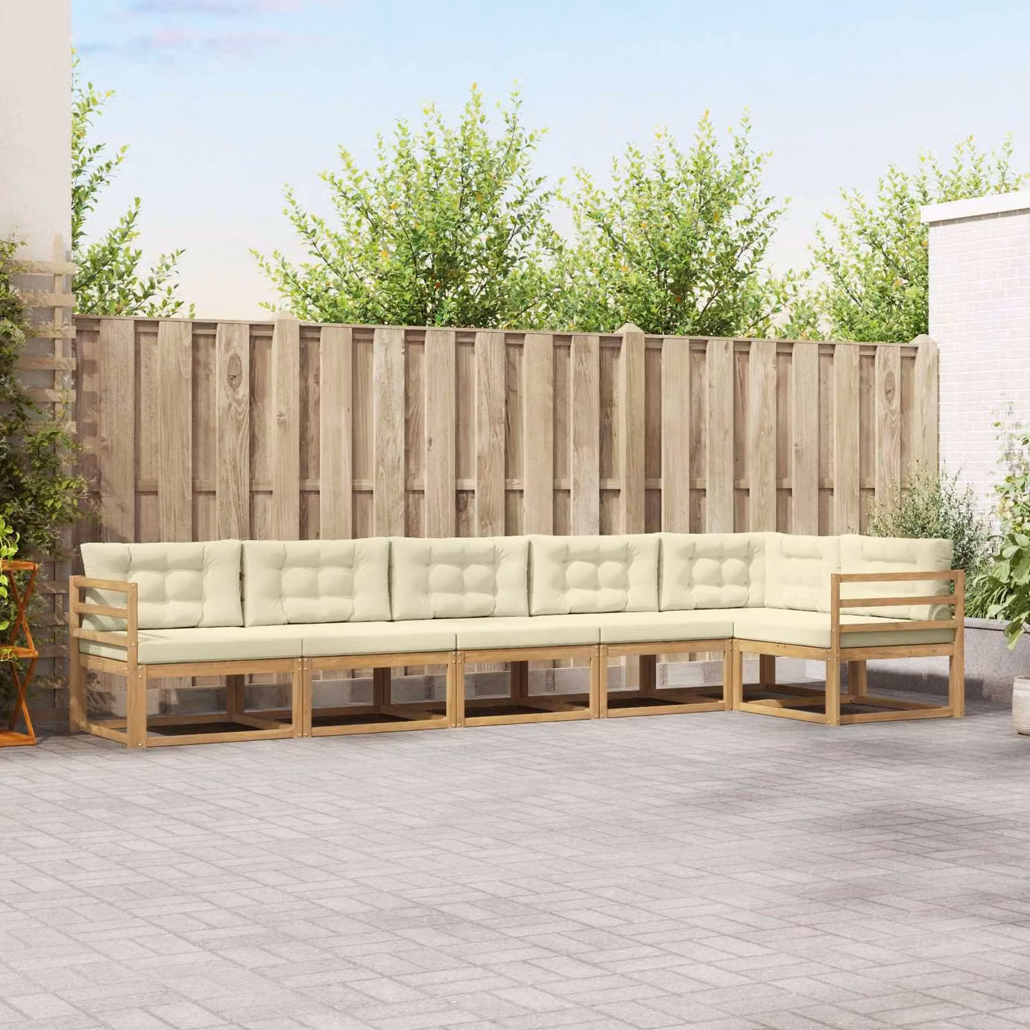 vidaXL Set di divani da esterno a L in legno di acacia con cuscini, Bianco, Beige e Marrone