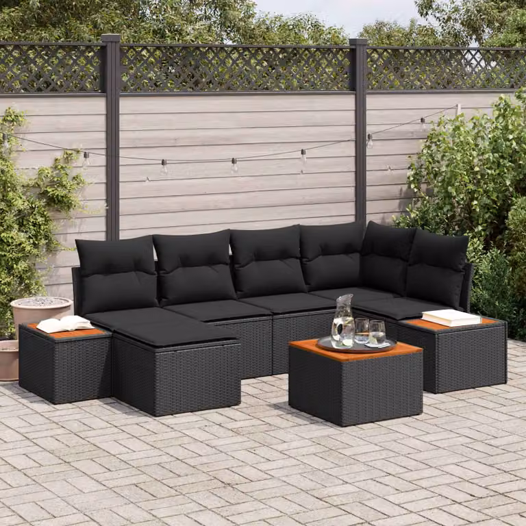 Set Divano da Giardino a L vidaXL 7 Pezzi Nero con Cuscini e Tavolino in Polyrattan e Acciaio