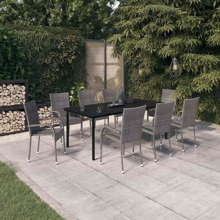 vidaXL Set da Pranzo per Giardino in Polyrattan da 9 Pezzi con Cuscini Grigio e Nero