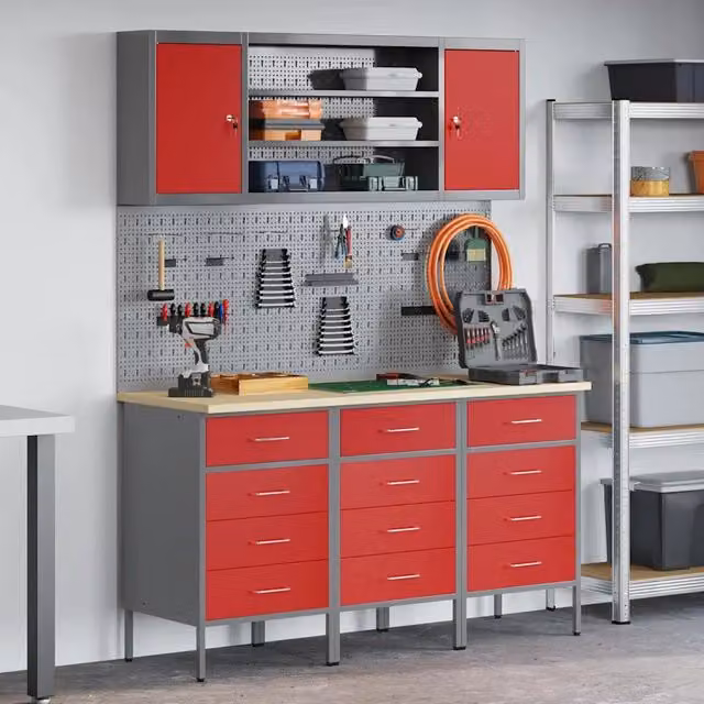 Mobile da lavoro vidaXL composto da 7 pezzi in legno e acciaio, colore rosso, con chiusura di sicurezza – 1