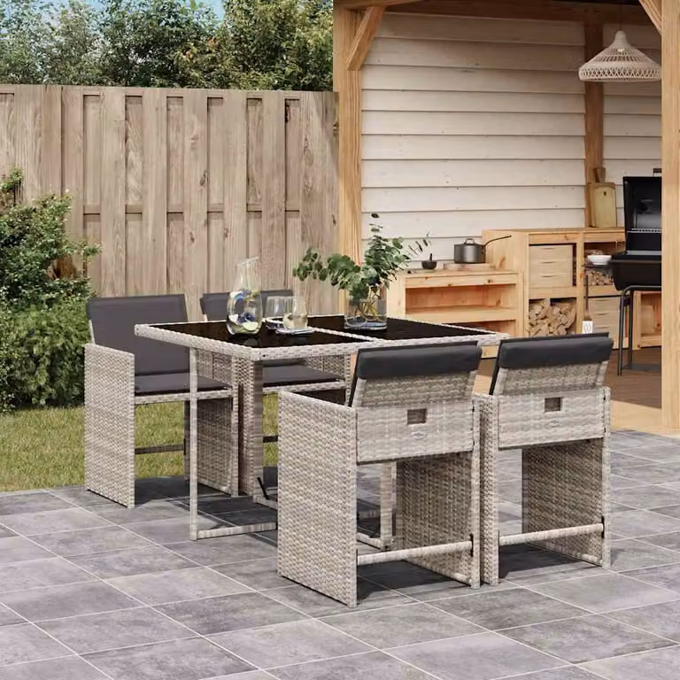 vidaXL Set Pranzo da Giardino 5 Pezzi in Polyrattan con Piano in Vetro e Cuscini Grigio Chiaro