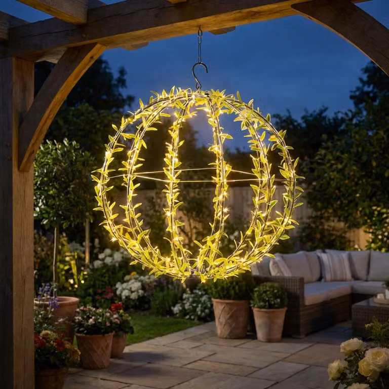 Sfera luminosa solare con motivo a foglie - Sfera da giardino Ø 40 cm con 144 LED bianco caldo - Lampada da esterno IP44 con picchetto, gancio a S e pannello solare inclusi