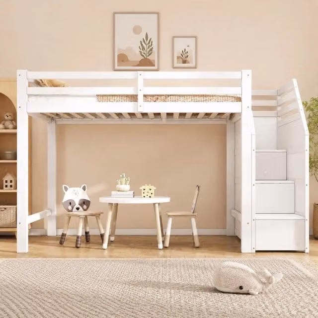 Letto a soppalco per bambini 90x200 cm in legno di pino; con rete a doghe; sponde e scala contenitore; bianco