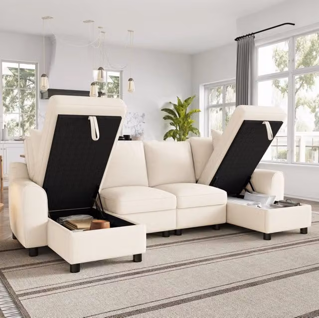 Divano a U in chenille beige 280x137x84 cm con chaise longue contenitore