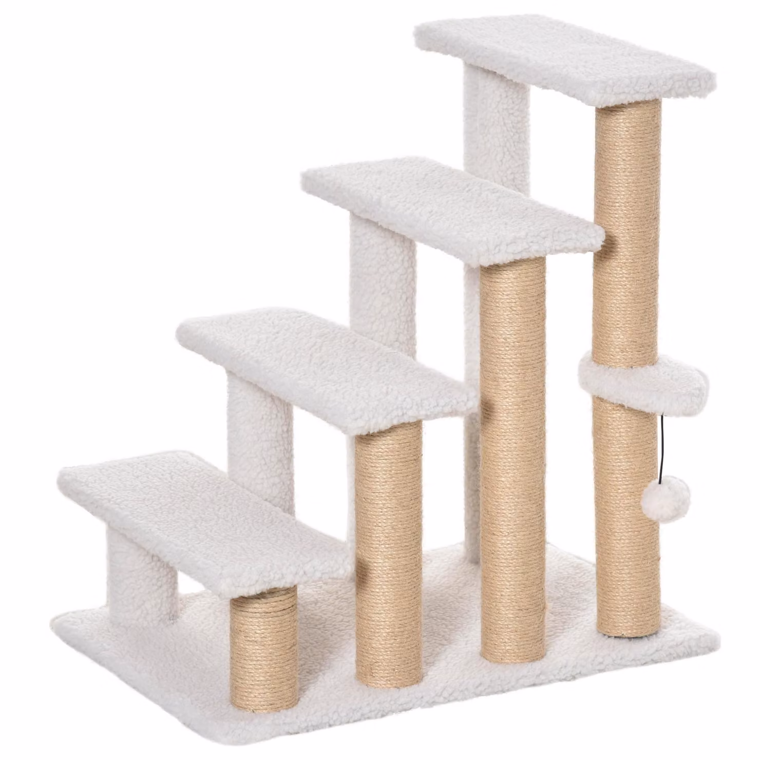 Scala per animali domestici con tiragraffi, 4 gradini, realizzata in pannello di legno, rivestita in peluche e iuta, dimensioni 60x40x64 cm (bianco)