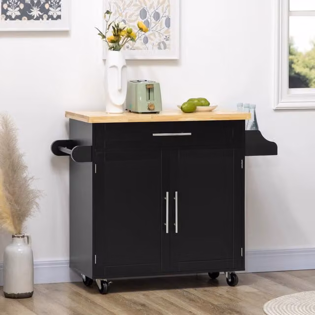 Carrello da cucina moderno OKWISH nero con piano di lavoro, cassetto, mobile chiuso, portaspezie e portasciugamani, L: 109 cm, P: 40 cm, H: 89 cm