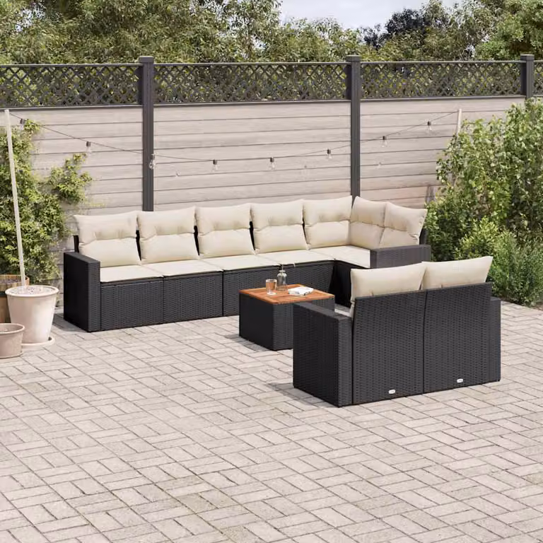 vidaXL Set Divani da Giardino a L 9 pz in Polyrattan Nero con Cuscini e Tavolino da Esterno