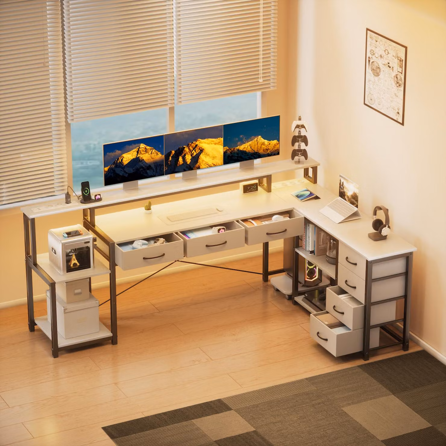 Scrivania a L AIORBER con illuminazione LED, presa di corrente, USB, cassetti e ripiano, scrivania ergonomica per computer, 148 cm, bianco