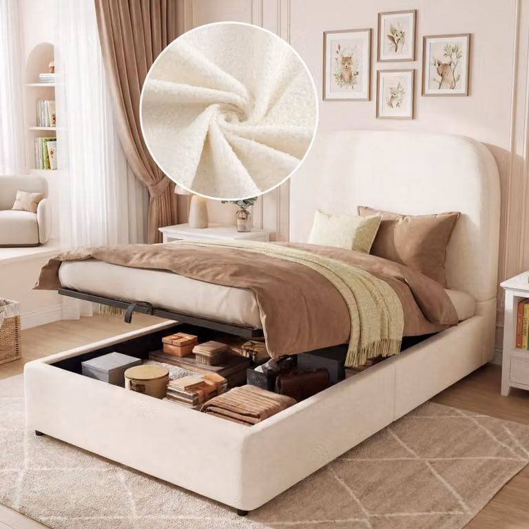 Letto imbottito 90 x 200 cm con spazio contenitore a sollevamento idraulico e rete a doghe, letto imbottito con testiera da 9,5 cm, color beige