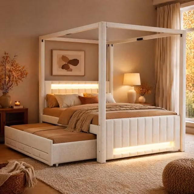Letto a baldacchino imbottito 140x200 cm con letto estraibile; 3 cassetti e LED beige